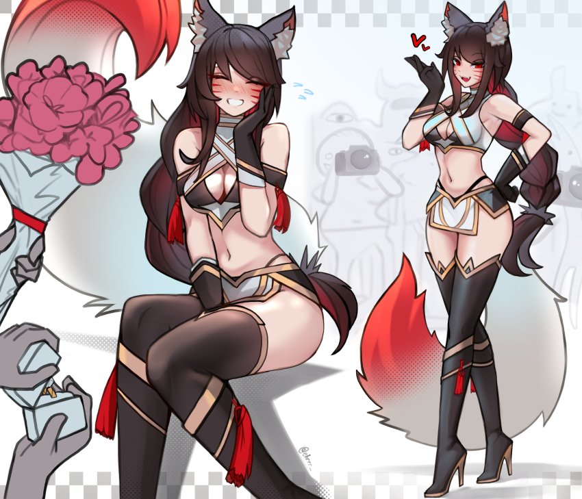 1girl ahri_(league_of_legends) animal_ears arm_strap arm_up black_boots black_gloves black_hair blush boots bouquet box breasts brown_hair cleavage closed_eyes colored_inner_hair criss-cross_halter ehrrr facial_mark flower fox_ears fox_girl fox_tail gloves gradient_tail grin halterneck high_heel_boots high_heels highleg highleg_panties highres holding holding_bouquet holding_box holding_flower jewelry large_breasts league_of_legends long_hair looking_at_viewer marriage_proposal midriff miniskirt multicolored_hair navel panties race_queen red_eyes red_hair red_tail ring ring_box skirt smile tail thigh_boots underwear wedding_ring whisker_markings white_tail