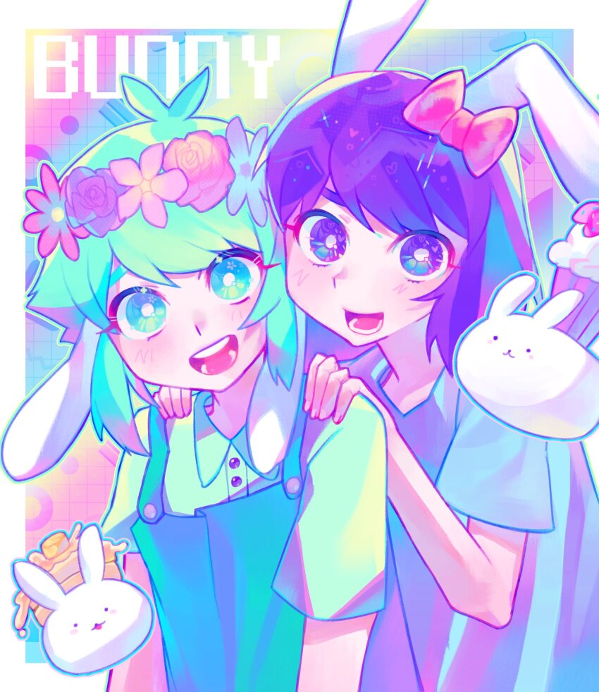1boy 1girl animal_ears apron aubrey_(headspace)_(omori) aubrey_(omori) basil_(headspace)_(omori) basil_(omori) blue_shirt blush bow flower food green_apron green_eyes green_hair green_shirt hair_bow hands_on_another&#039;s_shoulders head_wreath highres iro_(mywife_sunny) kemonomimi_mode long_hair looking_at_viewer lower_teeth_only milkshake milkshake_bunny_(omori) omori open_mouth pancake pancake_bunny_(omori) pink_bow purple_eyes purple_hair rabbit_ears shirt short_hair short_sleeves smile teeth