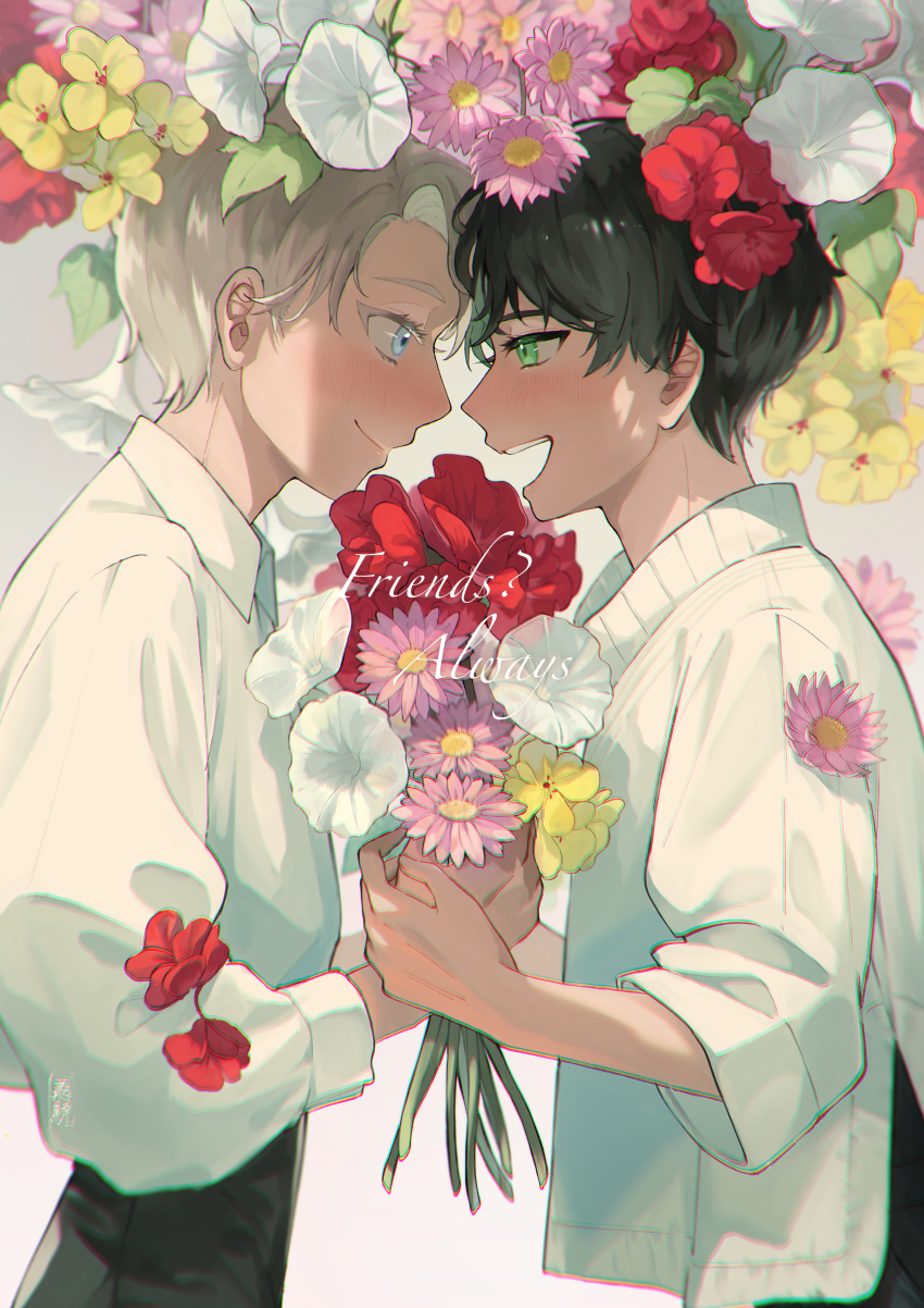 017moti 2boys absurdres albus_severus_potter black_hair blonde_hair blue_eyes bouquet eye_contact face-to-face flower green_eyes harry_potter_(series) harry_potter_and_the_cursed_child highres long_sleeves looking_at_another multiple_boys open_mouth scorpius_malfoy short_hair smile wizarding_world yaoi