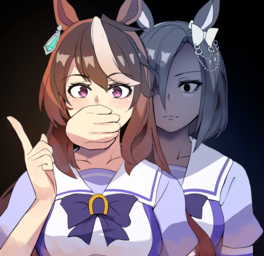 2girls air_groove_(umamusume) animal_ears bow covering_another&#039;s_mouth ear_bow ear_chain earrings empty_eyes expressionless gregory_house_kidnap_a_child_(meme) highres hinghoi horse_ears horse_girl index_finger_raised jewelry linked_piercing meme multicolored_hair multiple_girls no_pupils piercing school_uniform single_earring streaked_hair symboli_rudolf_(umamusume) tracen_school_uniform umamusume
