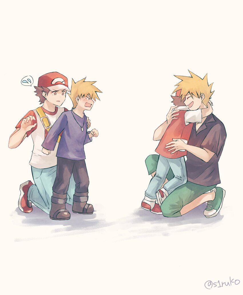 4boys absurdres blonde_hair blue_oak boots brown_hair capri_pants clenched_hands collared_shirt commentary_request flying_sweatdrops green_footwear green_pants hat highres hug jewelry kneeling long_sleeves male_focus multiple_boys necklace nintendo pants pokemon pokemon_rgby pokemon_sm purple_shirt red_(pokemon) red_hat shirt shiruko_(s1ruko) shoes short_hair short_sleeves spiked_hair spoken_flying_sweatdrops standing t-shirt twitter_username white_background