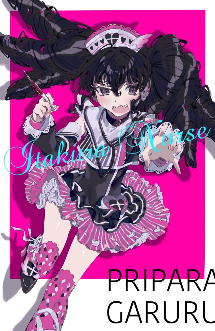 1girl :d black_dress black_hair black_shoes character_name copyright_name detached_sleeves dress gaaruru_(pripara) hands_up hat highres holding holding_syringe idol_clothes long_hair long_sleeves looking_at_viewer nurse_cap obligation_gimu open_mouth pill_print pink_background pretty_series pripara sharp_teeth shoes smile solo standing standing_on_one_leg stethoscope syringe teeth twintails