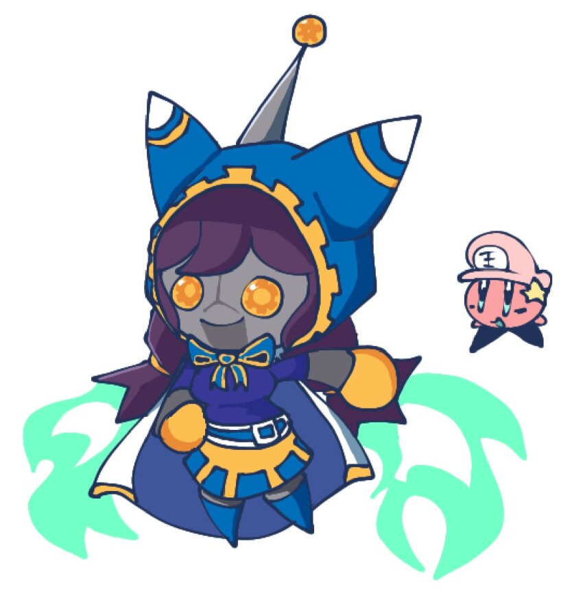 1boy 1girl blue_jacket blue_shirt blue_skirt bow cosplay grand_dad grand_dad_(cosplay) hat jacket kirby kirby_(series) magolor magolor_(cosplay) meme_attire nintendo no_humans pink_headwear purple_hair radio_antenna robot shirt siivagunner skirt smile star_(symbol) the_joke-explainer_7000 twintails white_background yellow_eyes