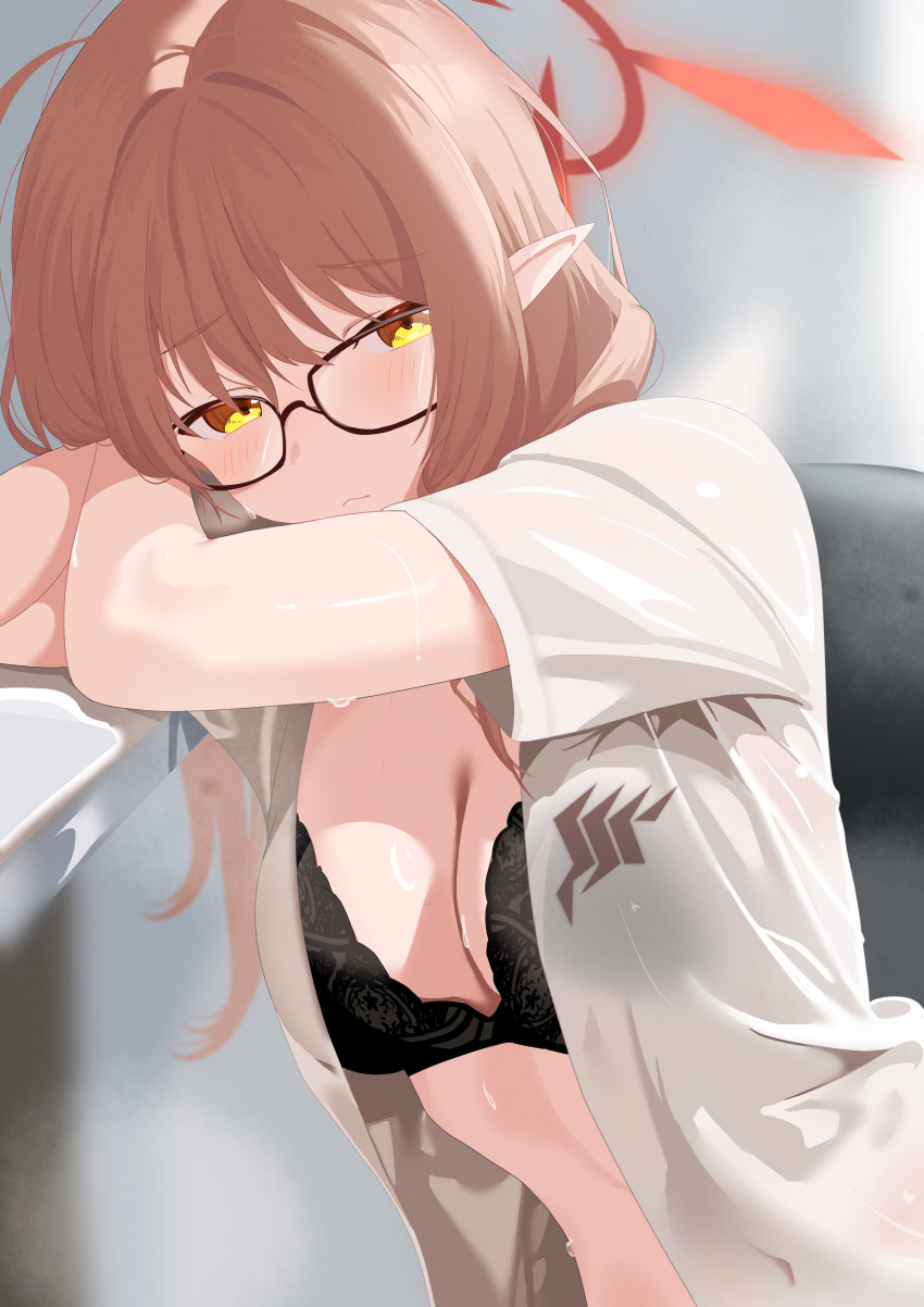 1girl absurdres black_bra blue_archive blush bra breasts brown_hair chanshiyu chinatsu_(blue_archive) cleavage closed_mouth gehenna_academy_logo glasses hair_between_eyes highres large_breasts long_hair looking_at_viewer open_clothes open_shirt pointy_ears shirt sidelocks underwear upper_body white_shirt yellow_eyes
