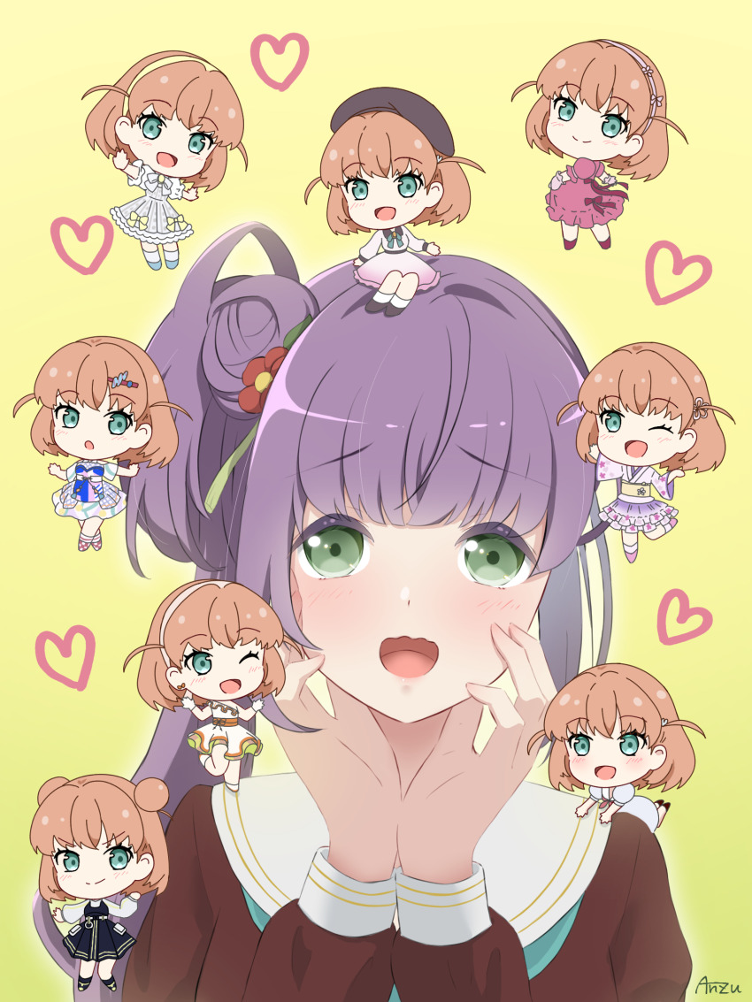 &gt;:) 6+girls :d :o ;d aqua_neckerchief artist_name beret black_hat black_jacket black_skirt blue_dress blush brown_dress cerise_bouquet chibi closed_mouth commentary deepness_(love_live!) double_bun dream_believers dress flower genyo_yako gloves green_eyes grey_dress hair_bun hair_flower hair_ornament hairband hands_on_own_cheeks hands_on_own_face hasu_no_sora_school_uniform hat heart highres hinoshita_kaho holiday_holiday_(love_live!) jacket japanese_clothes kimono link!_like!_love_live! long_hair long_sleeves love_live! medium_dress mini_person minigirl miyano_anzu multicolored_dress multiple_girls multiple_persona neckerchief obi official_alternate_costume oka_ranman_(love_live!) on_head one_eye_closed open_mouth otomune_kozue person_on_head person_on_shoulder pink_dress pink_kimono puffy_short_sleeves puffy_sleeves purple_hair red_flower red_neckerchief reflection_in_the_mirror_(love_live!) sailor_collar sailor_dress sash school_uniform short_sleeves side_ponytail sidelocks signature simple_background single-shoulder_dress single_side_bun sitting sitting_on_head sitting_on_person skirt smile split_mouth suisai_sekai summer_uniform tassel tassel_hair_ornament v-shaped_eyebrows virtual_youtuber wavy_mouth white_dress white_gloves white_hairband white_sailor_collar winter_uniform yellow_background yellow_hairband yellow_sash