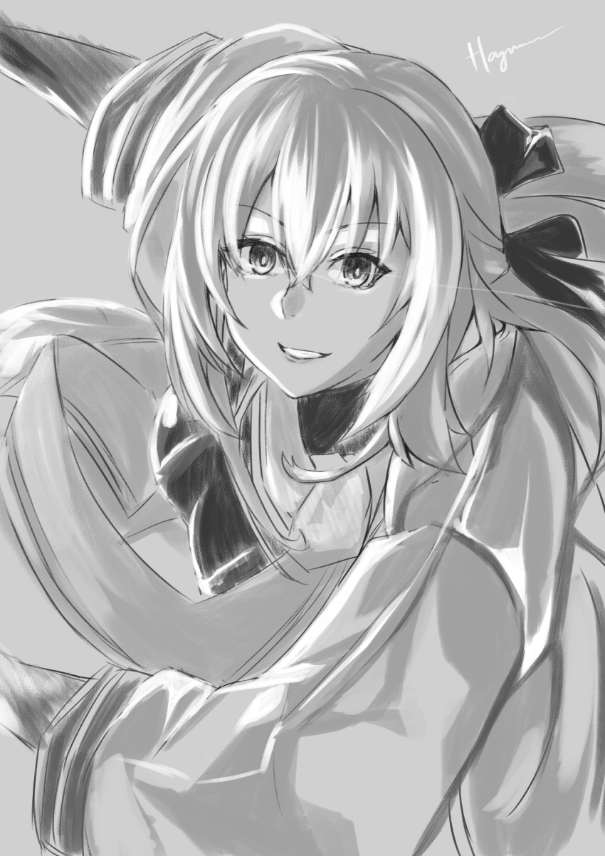 1girl bow commentary crossed_bangs double-parted_bangs eiyuu_densetsu english_commentary floating_hair grey_background greyscale haganeuma hair_between_eyes hair_bow highres kuro_no_kiseki_(series) kuro_no_kiseki_i long_hair monochrome shizuna_rem_misurugi signature simple_background smile solo