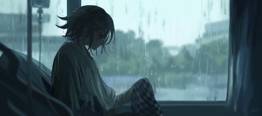 1boy auni bandaged_arm bandaged_head bandages bed checkered_clothes checkered_scarf closed_mouth commentary condensation curtains danganronpa_(series) danganronpa_v3:_killing_harmony day english_commentary hair_between_eyes highres holding holding_unworn_clothes holding_unworn_scarf hospital_bed hospital_gown indoors intravenous_drip male_focus oma_kokichi rain scarf signature sitting solo unworn_scarf window