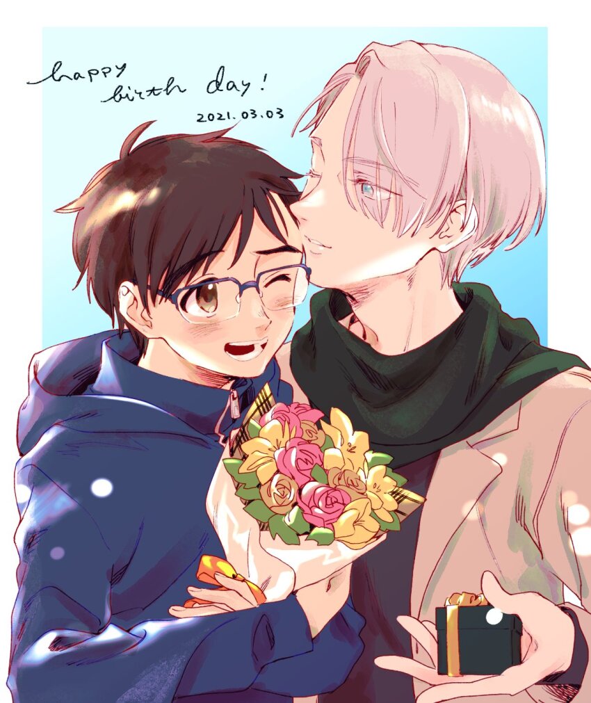 2boys black_shirt blonde_hair blue-framed_eyewear blue_background blue_eyes blue_hoodie border bouquet brown_coat brown_eyes brown_hair coat collared_coat commentary_request couple dated english_text eyes_visible_through_hair fingernails flower gift glasses green_scarf hair_over_one_eye happy happy_birthday highres holding holding_bouquet holding_gift hood hood_down hoodie imminent_kiss katsuki_yuuri kiss kissing_forehead lapels layered_sleeves leaf light_blush lily_(flower) lips long_sleeves looking_at_another male_focus multiple_boys no+bi= notched_lapels one_eye_closed open_clothes open_coat open_mouth outside_border parted_lips pink_flower pink_rose rose scarf shirt short_hair sleeves_past_wrists smile snowing teeth upper_body viktor_nikiforov white_border white_hair yaoi yuri!!!_on_ice