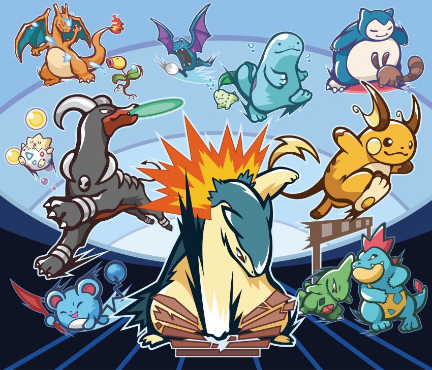 :d ^_^ absurdres artist_request bellsprout black_eyes blue_background breaking charizard chikorita closed_eyes croconaw dog dragon fangs fire flame-tipped_tail gen_1_pokemon gen_2_pokemon golbat happy highres horns houndoom larvitar marill mouth_hold nintendo no_humans official_art open_mouth pokeathlon pokemon pokemon_(creature) pokemon_hgss punching quagsire raichu red_eyes running sentret serious smile snorlax tail tameshiwari third-party_source togepi typhlosion