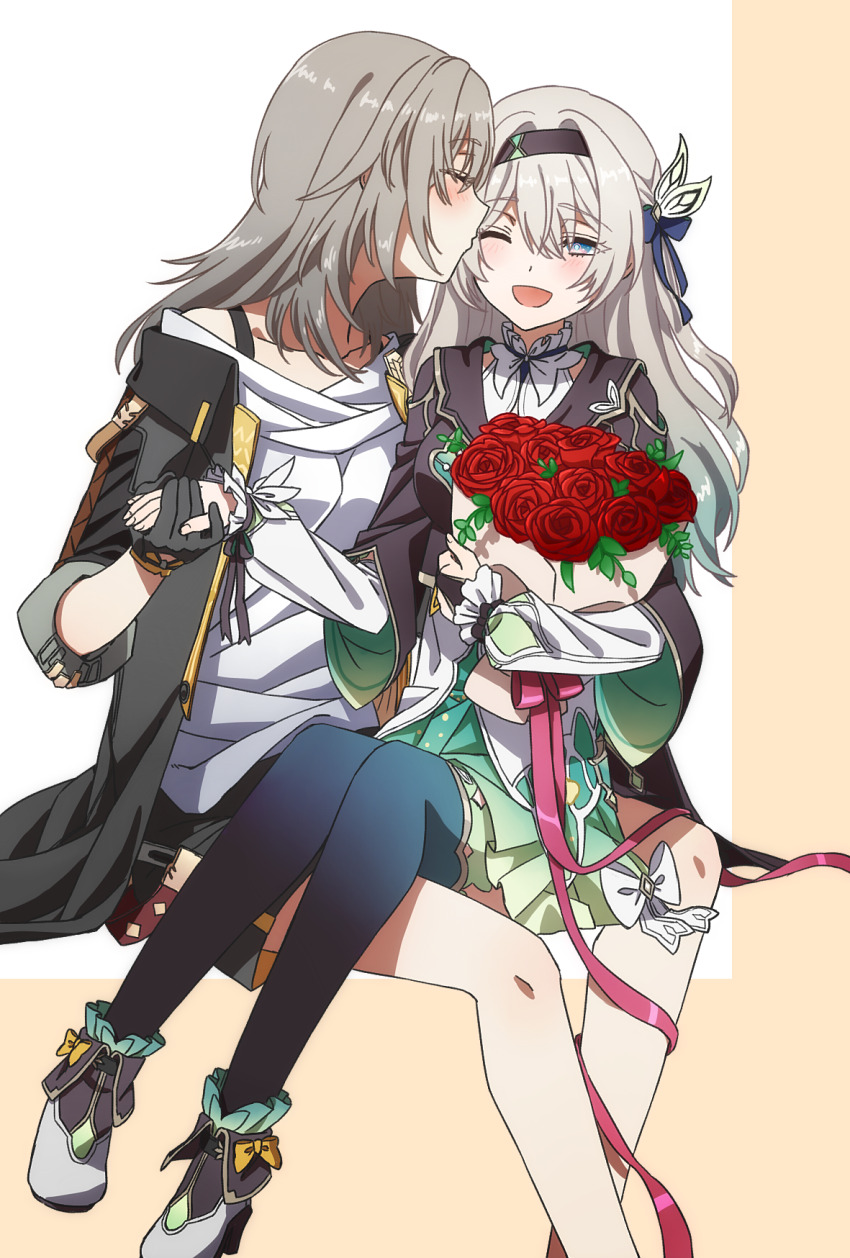 2girls black_gloves black_jacket black_skirt blush bouquet breasts closed_eyes cropped_jacket firefly_(honkai:_star_rail) flower gloves green_skirt green_thighhighs grey_hair hair_ornament hairband highres honkai:_star_rail honkai_(series) jacket kiss kissing_cheek long_hair long_sleeves looking_at_viewer medium_breasts medium_hair multiple_girls oiun one_eye_closed open_clothes open_jacket purple_eyes shirt skirt stelle_(honkai:_star_rail) thighhighs thighs trailblazer_(honkai:_star_rail) white_shirt yuri