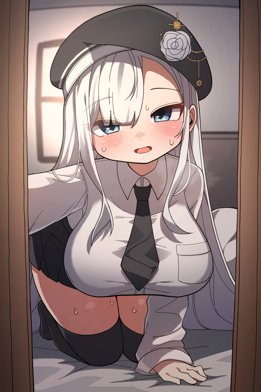 1girl absurdres all_fours artist_request black_hat black_necktie black_skirt black_thighhighs blue_eyes blush breasts collared_shirt commission hat highres indoors large_breasts long_hair looking_at_viewer necktie open_mouth original second-party_source shirt skirt sleeves_past_wrists smile solo sweat thighhighs w.k white_hair white_shirt