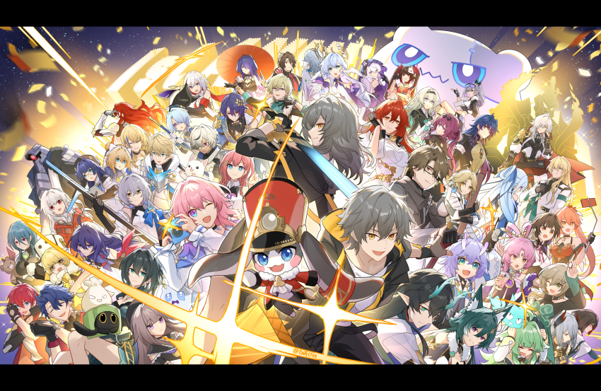 6+boys 6+girls absurdres acheron_(honkai:_star_rail) animal_ears aqua_shirt argenti_(honkai:_star_rail) arlan_(honkai:_star_rail) asta_(honkai:_star_rail) aventurine_(honkai:_star_rail) bailu_(honkai:_star_rail) bare_legs bare_shoulders black_choker black_dress black_gloves black_jacket black_pants black_shirt black_swan_(honkai:_star_rail) blade_(honkai:_star_rail) blonde_hair blue_hair bronya_rand brown_hair caelus_(honkai:_star_rail) camera cat chewing_gum chinese_commentary choker clara_(honkai:_star_rail) commentary_request critter_pick_(honkai:_star_rail) crop_top dan_heng_(honkai:_star_rail) dress dual_persona firefly_(honkai:_star_rail) fox_ears fu_xuan_(honkai:_star_rail) gallagher_(honkai:_star_rail) gepard_landau gloves green_hair grey_hair grin guinaifen_(honkai:_star_rail) hanya_(honkai:_star_rail) herta_(honkai:_star_rail) highres himeko_(honkai:_star_rail) holding holding_camera honkai:_star_rail honkai_(series) hook_(honkai:_star_rail) huohuo_(honkai:_star_rail) jacket jing_yuan jingliu_(honkai:_star_rail) kafka_(honkai:_star_rail) letterboxed lightning-lord_(honkai:_star_rail) long_hair long_sleeves luka_(honkai:_star_rail) luocha_(honkai:_star_rail) lynx_landau march_7th_(honkai:_star_rail) march_7th_(preservation)_(honkai:_star_rail) midriff misha_(honkai:_star_rail) multiple_boys multiple_girls natasha_(honkai:_star_rail) notstk numby_(honkai:_star_rail) oil-paper_umbrella pants pela_(honkai:_star_rail) pink_hair pom-pom_(honkai:_star_rail) purple_eyes purple_hair qingque_(honkai:_star_rail) red_hair red_jacket red_umbrella robin_(honkai:_star_rail) ruan_mei_(honkai:_star_rail) sampo_koski screwllum_(honkai:_star_rail) seele_(honkai:_star_rail) selfie_stick serval_landau shirt silver_wolf_(honkai:_star_rail) smile sparkle_(honkai:_star_rail) stelle_(honkai:_star_rail) stuffed_animal stuffed_toy sunday_(honkai:_star_rail) sushang_(honkai:_star_rail) svarog_(honkai:_star_rail) tail_(honkai:_star_rail) teddy_bear thigh_strap thighs topaz_(honkai:_star_rail) trailblazer_(honkai:_star_rail) trotter_(honkai:_star_rail) umbrella warp_trotter_(honkai:_star_rail) welt_yang white_hair white_shirt wubbaboo_(honkai:_star_rail) xueyi_(honkai:_star_rail) yanqing_(honkai:_star_rail) yukong_(honkai:_star_rail)