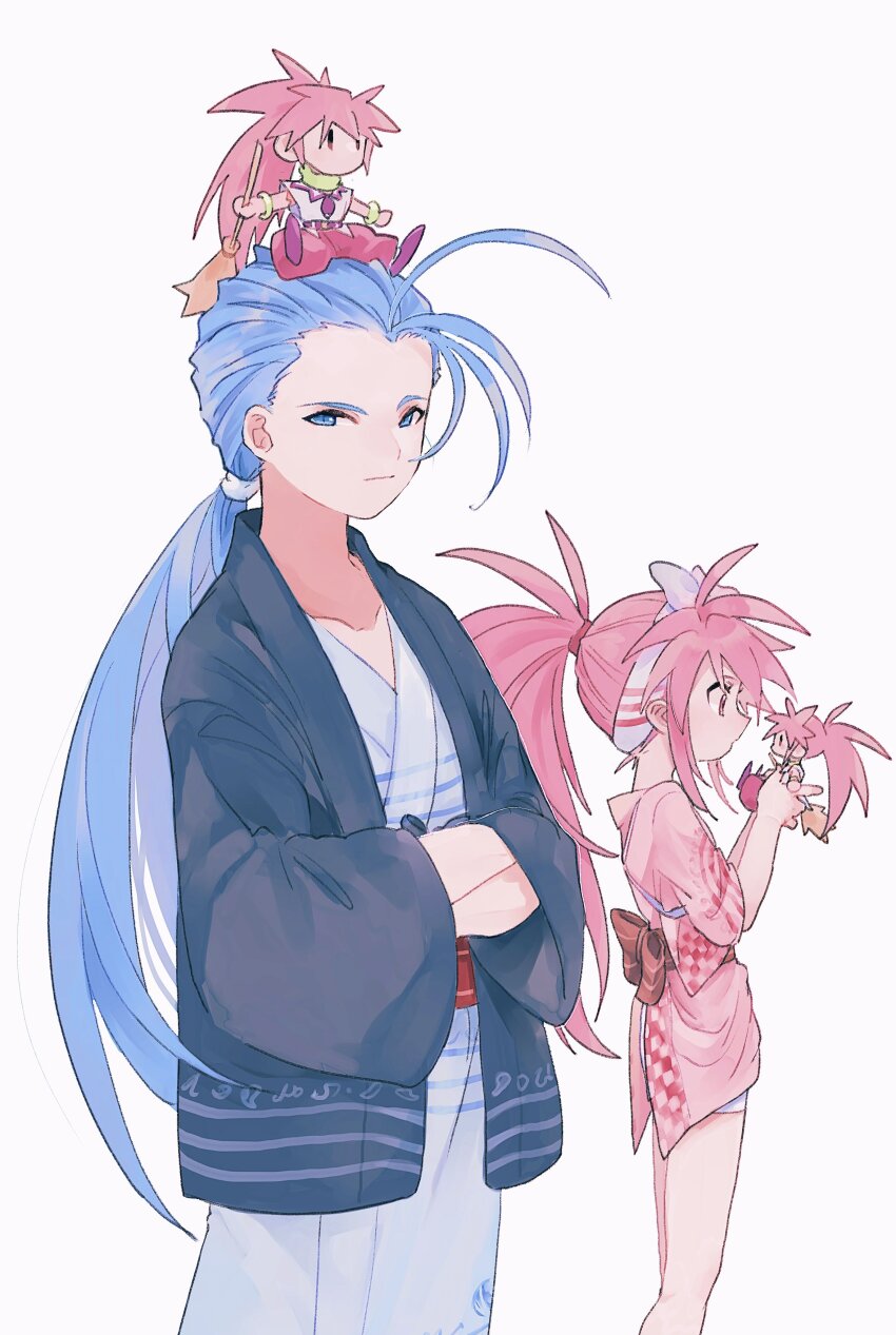 1boy 1girl absurdres alternate_costume antenna_hair arche_klein blue_eyes blue_hair blue_kimono chester_burklight closed_mouth collarbone commentary_request crossed_arms doll from_side hair_pulled_back high_ponytail highres holding holding_doll japanese_clothes kimono long_hair looking_at_viewer low_ponytail nancykittyu pink_eyes pink_hair pink_kimono ponytail profile sash simple_background standing tales_of_(series) tales_of_phantasia yukata