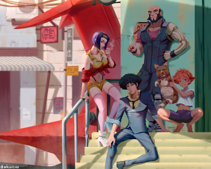 barefoot beard breasts cigarette collar cowboy_bebop dark-skinned_female dark_skin edward_wong_hau_pepelu_tivrusky_iv ein_(cowboy_bebop) facial_hair faye_valentine green_eyes hairband highres jet_black legs navel orange_hair prosthesis prosthetic_arm purple_hair scar scar_across_eye scar_on_face science_fiction sitting sitting_on_stairs smoking spike_spiegel stairs swordfish_ii white_footwear whoareuu yellow_hairband