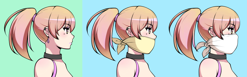 1girl absurdres choker cloth_gag gag gagged highres improvised_gag jam-orbital mole mole_under_eye multiple_views cloth_gag over_the_nose_gag ponytail profile simple_background