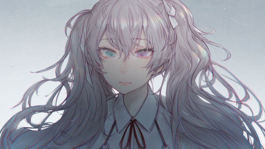 132_(bb32768) 1girl 25-ji_miku 25-ji_nightcord_de._(project_sekai) collared_shirt commentary gradient_background green_eyes grey_hair hatsune_miku heterochromia highres long_hair neck_ribbon parted_lips project_sekai purple_eyes ribbon shirt solo twintails upper_body vocaloid