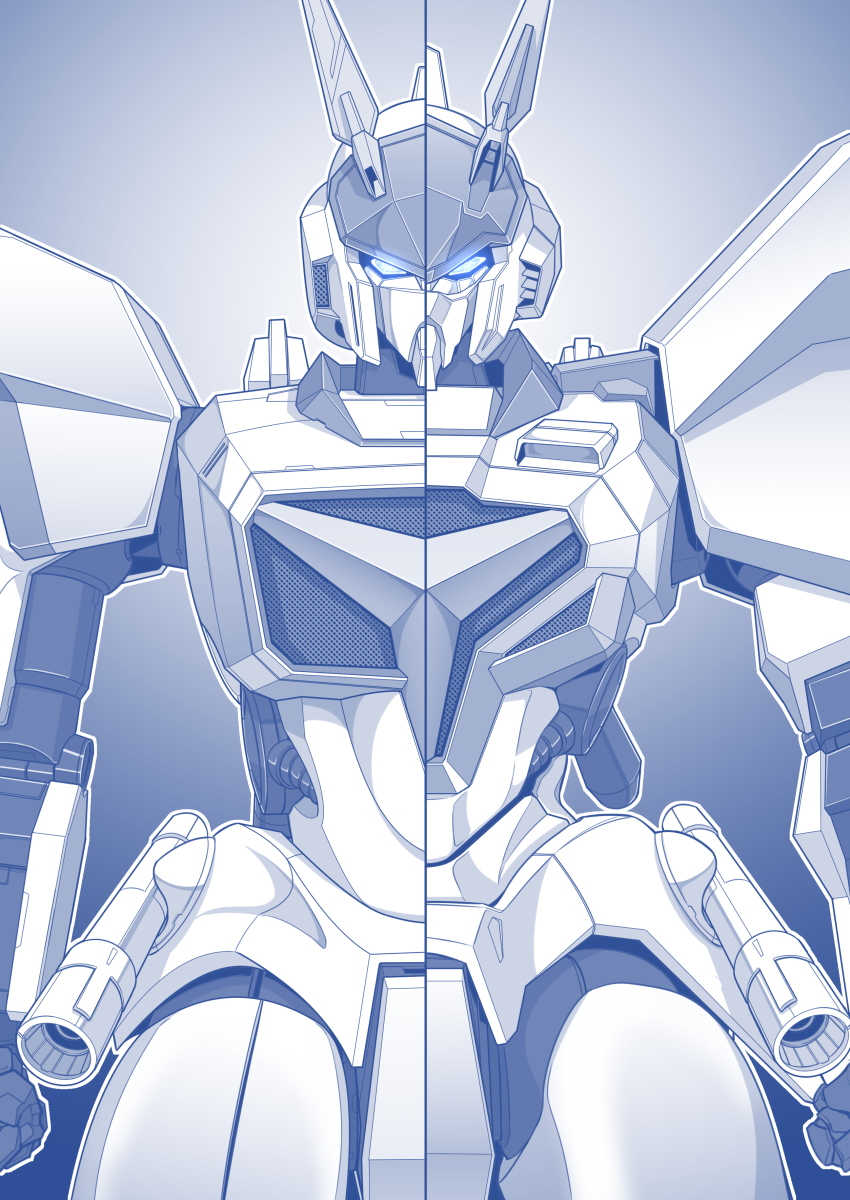absurdres clenched_hands d-1 glowing glowing_eyes highres kaneko_naoya katoki_hajime_(style) kikou_senki_dragonar looking_at_viewer mecha monochrome no_humans oobari_masami_(style) robot science_fiction split_screen