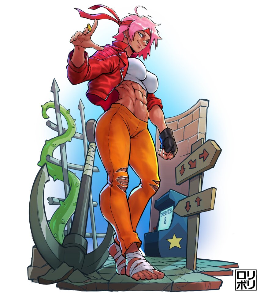 1girl abs absurdres ahoge akamatsu_akuma_(kippin21) anchor arcade_cabinet arrow_(symbol) bandaged_object bandages bandaid bandaid_on_face bandaid_on_nose black_gloves blue_background border breasts coin combo commission covered_erect_nipples crop_top facial_scar feet fingerless_gloves gloves gold_coin green_eyes hair_ornament headband highres jacket jamrolypoly large_breasts leather leather_jacket logo looking_at_viewer looking_back messy_hair muscular muscular_female nail_polish orange_pants original pants perky_breasts pink_hair red_headband red_jacket red_nails red_scarf retro_artstyle scar scar_on_cheek scar_on_face scarf single_glove smirk solo star-shaped_pupils star_(symbol) symbol-shaped_pupils tentacles tiptoes toenail_polish toenails translation_request white_border wind