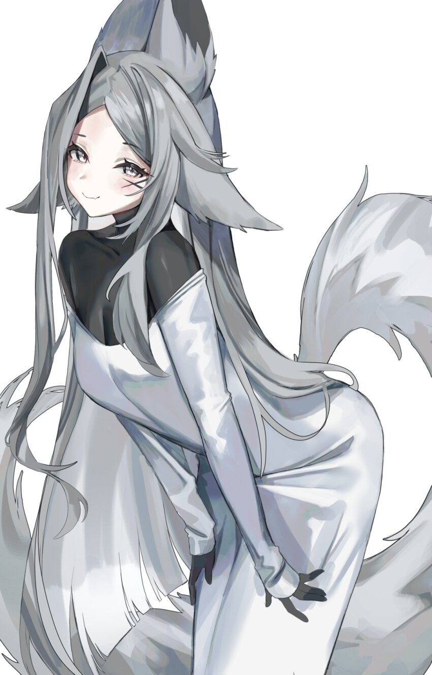 1girl animal_ears black_gloves breasts cleavage closed_mouth dress dyarikku_(vtuber) facial_mark gloves grey_eyes grey_hair highres indie_virtual_youtuber leaning_forward long_hair off_shoulder second-party_source see-through_cleavage see-through_clothes smile solo tail virtual_youtuber white_dress x x_facial_mark yuniiho