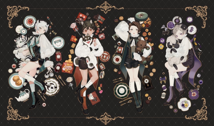 4boys animal animal_ears animal_hug ankle_boots arm_up artist_name bag_of_chips bear bear_boy bear_ears beret between_legs black_background black_bow black_bowtie black_hair black_headwear black_shorts blouse blueberry book boots border bow bowtie box braid braided_bangs buttons candy cape checkerboard_cookie child chips_(food) chocolate chocolate_bar chocolate_chip_cookie clock closed_mouth collared_shirt cookie creamer_(vessel) crossed_legs cup cupcake dog dog_boy dog_ears dog_tail embroidery embroidery_hoop flower food food_request food_wrapper fork from_above fruit full_body gem gold_trim green_eyes green_footwear green_theme gummy_bear hat high_heel_boots high_heels highres horns jam jar knee_up kneehighs knife lace lace-trimmed_shirt lace_trim lollipop long_sleeves looking_at_viewer lying male_focus matching_outfits mege_(megechan) multiple_boys napkin needle on_back on_side original pendulum_clock plate polka_dot potato_chips profile puffy_long_sleeves puffy_sleeves purple_cape purple_eyes purple_flower purple_footwear purple_theme red_eyes red_footwear red_gemstone red_theme saucer scissors sewing_needle sheep sheep_boy sheep_horns shirt short_hair short_jumpsuit shorts single_braid sleeves_past_wrists smile snack socks spool spoon sugar_bowl sugar_cube swirl_lollipop tail tail_between_legs tailcoat tea tea_set teacup teapot thread tiger tiger_boy tiger_ears tiger_tail white_hair white_legwear white_shirt white_tiger yarn yellow_flower