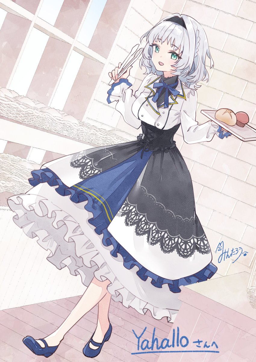 1girl absurdres braid bread buttons casual commentary commission cross-laced_clothes double-breasted dress english_commentary food frilled_dress frills full_body green_eyes grey_hair hairband halo halo_removed highres kamishiro_rita mary_janes muffin prism_project second-party_source shoes short_hair skeb_commission solo todo-akira tongs underbust virtual_youtuber