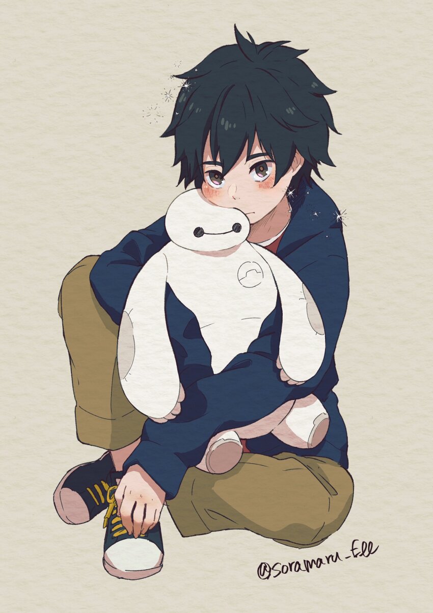 1boy baymax big_hero_6 black_hair blue_hoodie brown_eyes commentary head_rest highres hiro_hamada hood hoodie hugging_doll hugging_object male_focus objectification on_ground red_shirt shirt short_hair sitting soramaru_ell sparkle stuffed_toy twitter_username