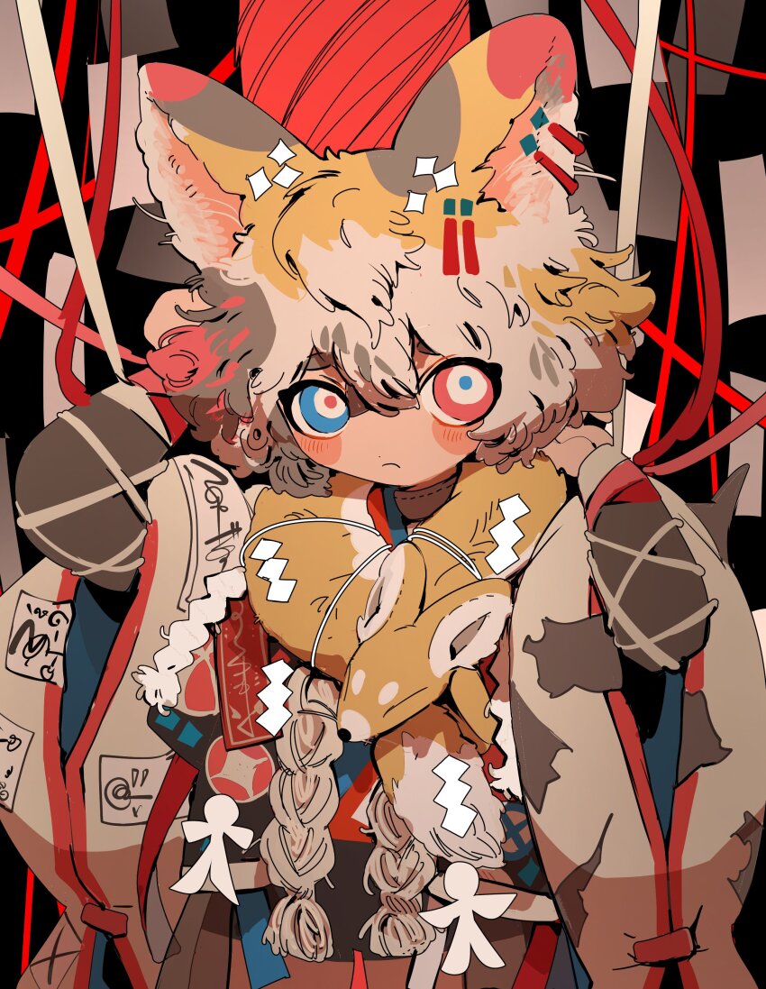 1boy absurdres animal_ears arm_up black_background blue_eyes braid brown_hair calico cat_boy cat_ears closed_mouth coat commentary_request ear_piercing fox_pelt hand_up heterochromia highres japanese_clothes long_hair long_sleeves looking_at_viewer male_focus mismatched_pupils multicolored_hair ofuda ofuda_on_clothes orange_hair original pelt piercing red_eyes ringed_eyes shima_(wansyon144) solo twin_braids upper_body wide_sleeves