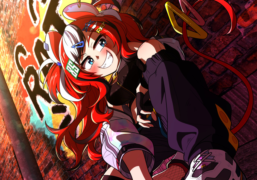 1girl absurdres animal_ears arm_on_knee black_gloves black_shirt black_shorts black_streaks blue_eyes blurry blush bokeh breasts brick_wall colored_tips commentary crop_top cropped_jacket ddolbang depth_of_field detached_pants english_commentary fingerless_gloves fishnet_thighhighs fishnets from_below gloves graffiti grin hair_ornament hairpin hakos_baelz hakos_baelz_(casual) highres hololive hololive_english jacket jacket_partially_removed kneeling long_hair looking_at_viewer medium_breasts midriff mouse_ears mouse_girl mouse_tail multicolored_eyes multicolored_hair official_alternate_costume open_clothes open_jacket puffy_short_sleeves puffy_sleeves red_hair sharp_teeth shirt shoes short_sleeves shorts single_thighhigh smile solo star_(symbol) star_hair_ornament tail teeth thighhighs virtual_youtuber white_jacket white_shoes white_streaks