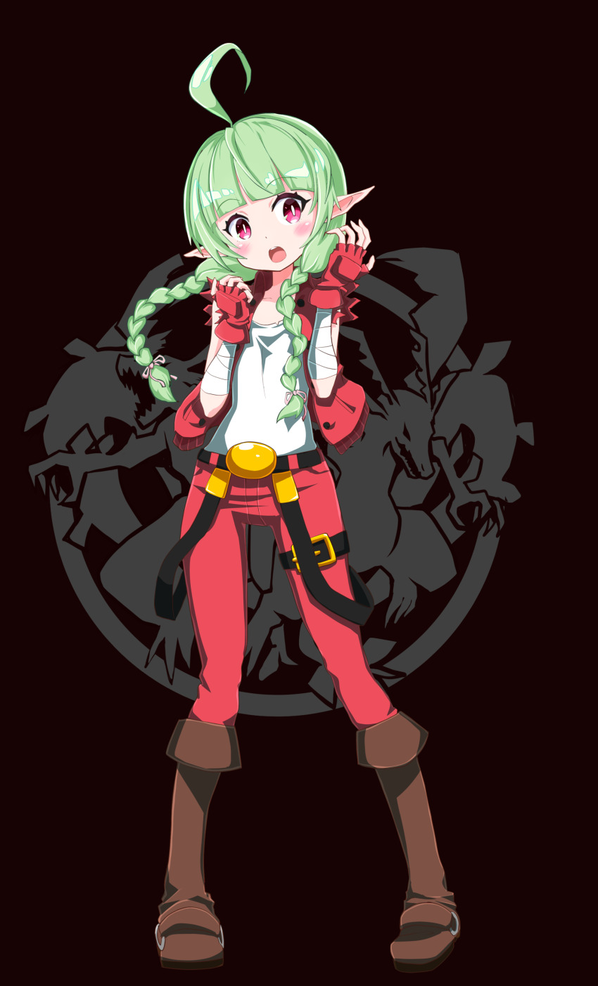 absurdres ahoge arm_wrap belt black_background boots braid commission commissioner_upload cosplay double_dragon fire_emblem fire_emblem_awakening gloves green_hair highres kunio-kun_series nah_(fire_emblem) nintendo non-web_source pointy_ears purple_eyes sakurajyousui_nami sleeveless sleeveless_jacket twin_braids