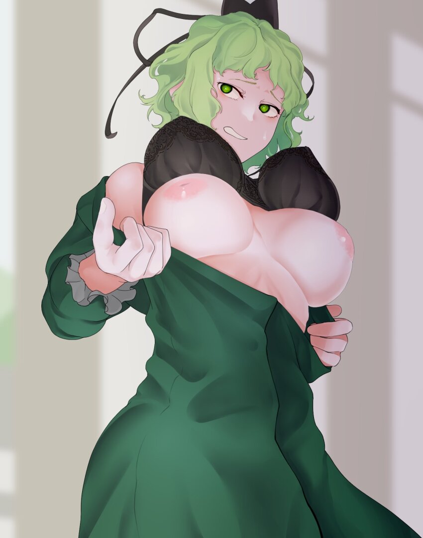1girl black_bra black_hat black_ribbon bra breasts breasts_apart breasts_out commentary_request dress green_dress green_eyes green_hair hat hat_ribbon hi_you_(flying_bear) highres inverted_nipples large_breasts looking_to_the_side messy_hair nipples open_bra open_clothes open_dress open_mouth ribbon short_hair sideways_glance soga_no_tojiko solo sweatdrop tate_eboshi teeth touhou underwear