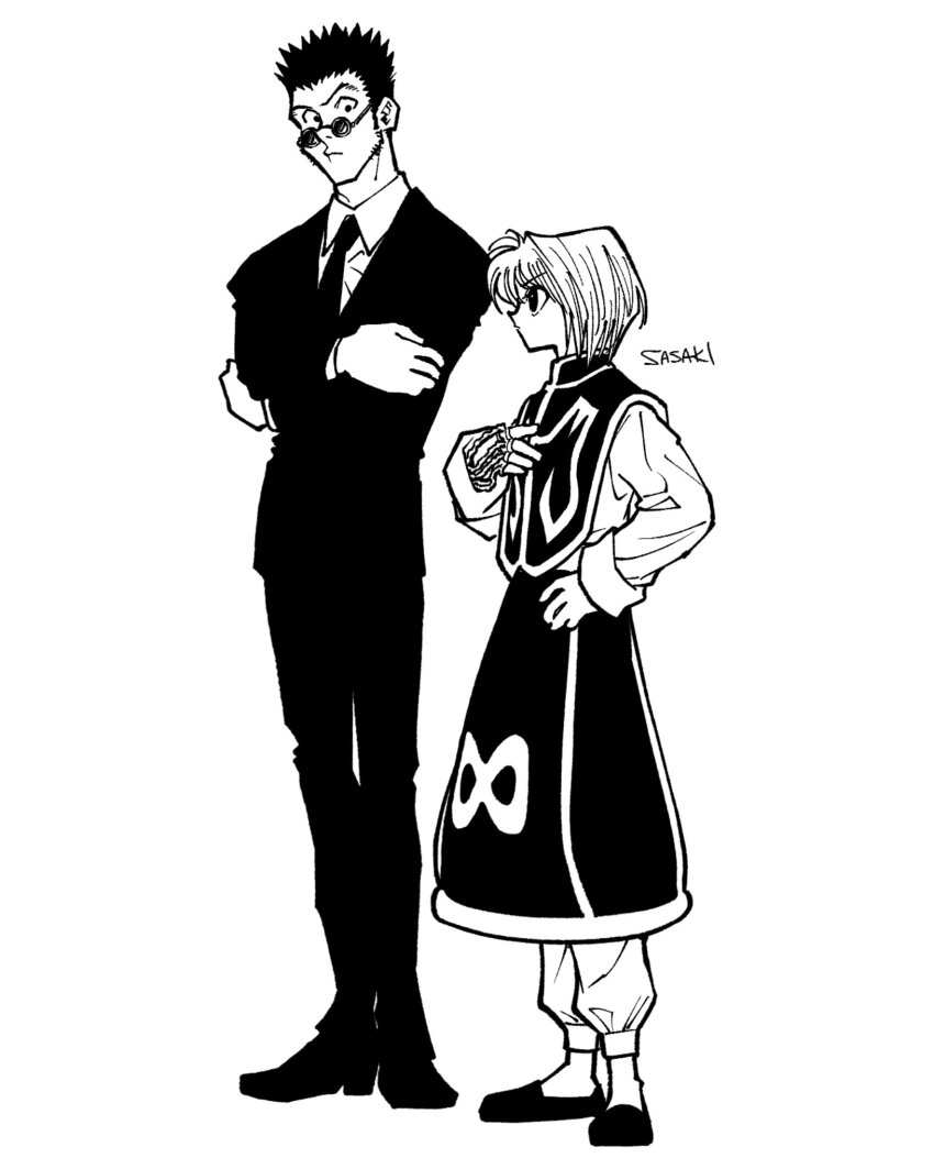 2boys black_shoes black_suit chain formal_clothes full_body greyscale highres hunter_x_hunter jewelry kurapika leorio_paladiknight long_sleeves looking_at_another male_focus monochrome multiple_boys necktie ring round_eyewear sasaki_koguma shoes short_hair simple_background spiked_hair standing suit tabard white_background