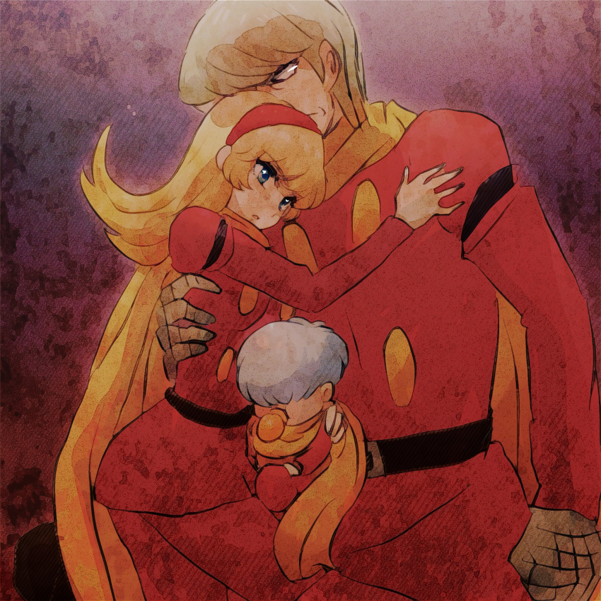 1boy 1girl albert_heinrich baby belt black_belt blonde_hair blue_eyes coat cyborg cyborg_009 francoise_arnoul grey_hair hair_over_face hairband hand_on_another&#039;s_hip highres ivan_whisky long_hair mechanical_hands red_coat red_hairband sariokisu scarf yellow_scarf