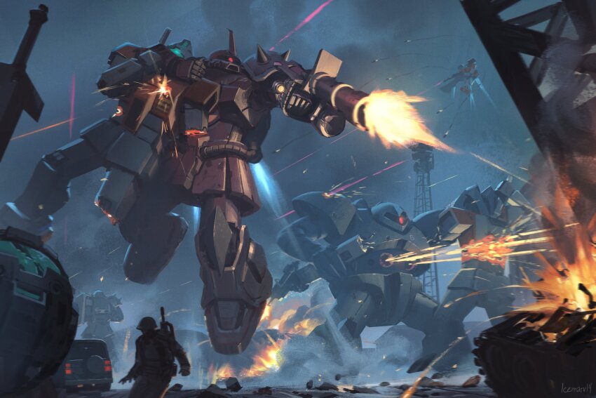 1boy absurdres artist_name assault_visor battle beam_rifle car commentary commission energy_gun english_commentary exhaust explosion fire firing flying gatling_gun gogg gouf_custom ground_gm gun gundam gundam_08th_ms_team highres holding holding_gun holding_weapon horns icemarv14 mecha mecha_focus missile missing_limb mobile_suit motor_vehicle night one-eyed red_eyes robot science_fiction shoulder_spikes single_horn smoke soldier spikes standing sword war weapon zaku_ii