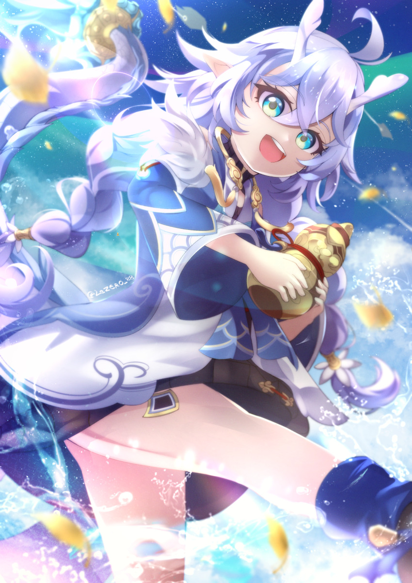 1girl absurdres ahoge bailu_(honkai:_star_rail) blush boots braid chinese_clothes detached_sleeves dragon_girl dragon_horns dragon_tail eastern_dragon_horns eastern_dragon_tail feet_out_of_frame gourd green_eyes hair_between_eyes highres honkai:_star_rail honkai_(series) horns lezero long_hair looking_at_viewer open_mouth purple_hair single_braid smile tail water wide_sleeves