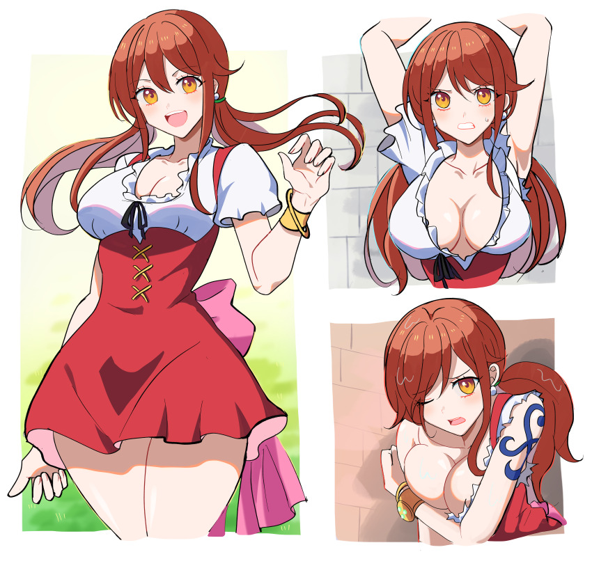 1girl absurdres arm_under_breasts armpits arms_up back_ribbon bangle bare_shoulders blush bracelet breast_press breasts cleavage collarbone commentary covering_breasts covering_privates cowboy_shot cross-laced_clothes cross-laced_skirt earrings frilled_shirt frills german_clothes highres jewelry kasuga_kaya large_breasts log_pose long_hair low_twintails multiple_views nami_(one_piece) nami_(one_piece)_(whole_cake_island) official_alternate_costume official_alternate_hairstyle one_piece open_mouth orange_eyes orange_hair parted_lips pearl_earrings pink_ribbon red_skirt ribbon shirt short_sleeves shoulder_tattoo single_sidelock skirt smile straight-on tattoo three_quarter_view torn_clothes torn_shirt twintails upper_body white_shirt
