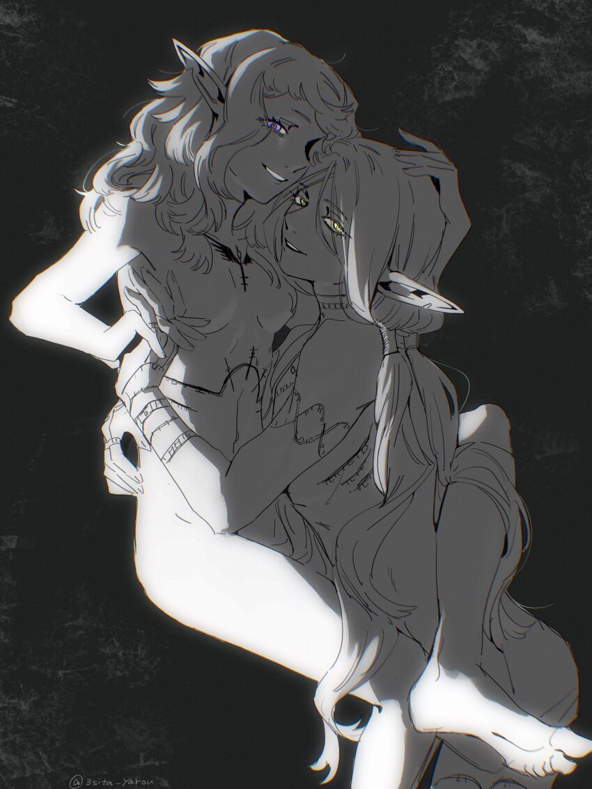 1boy 1girl absurdres androgynous arm_tattoo black_background breasts chest_tattoo chromatic_aberration commentary_request curly_hair dungeon_meshi elf fleki green_eyes greyscale grin hand_tattoo hetero highres hug interlocked_fingers long_hair looking_at_viewer low-tied_long_hair lycion messy_hair momite_(3sita_yarou) monochrome neck_tattoo notched_ear nude pointy_ears purple_eyes skinny small_breasts smile spot_color tattoo twitter_username very_long_hair