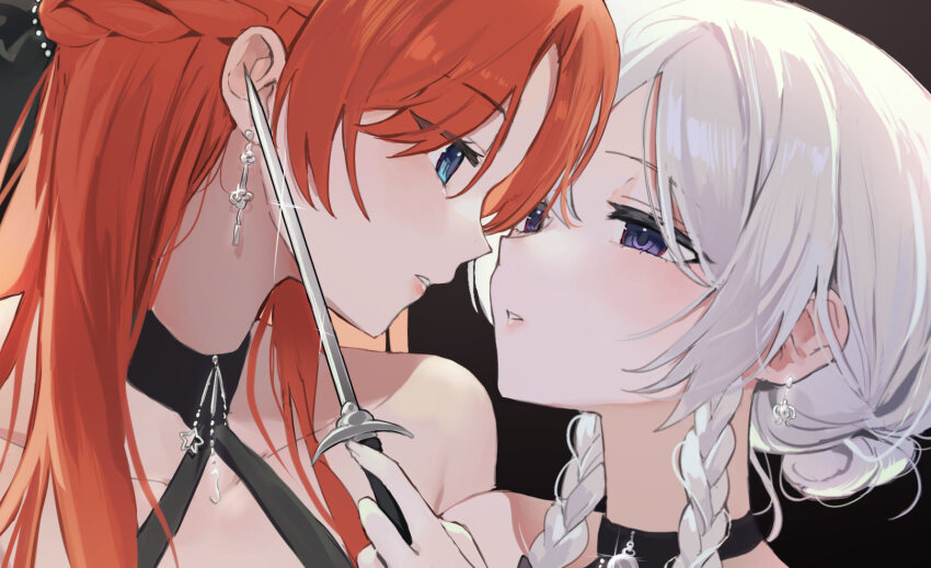 2girls bare_shoulders black_background black_dress blue_eyes braid collared_shirt dagger dress earrings eye_contact highres holding holding_dagger holding_knife holding_weapon hong_meiling izayoi_sakuya jewelry knife long_hair looking_at_another multiple_girls parted_lips purple_eyes red_hair sarukana shirt side_braid touhou weapon white_hair yuri