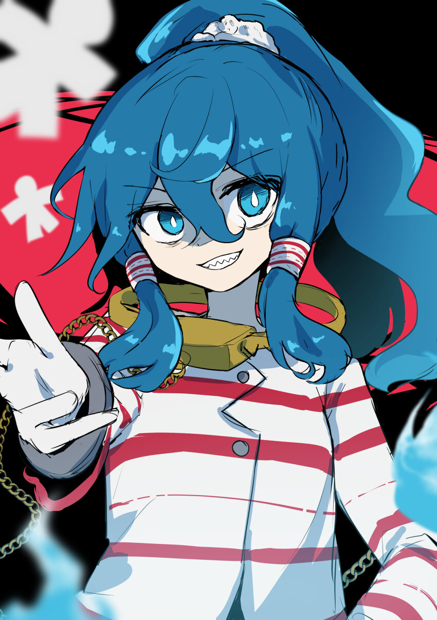 144udy 1girl absurdres blue_eyes blue_hair chain commentary_request cuffs flat_chest ghost_tail gloves gold_chain grin hair_ornament hair_tubes head_tilt highres long_sleeves medium_hair miyadeguchi_mizuchi paper_cutout paper_doll pink_stripes prison_clothes shackles sharp_teeth shirt sidelocks skull_hair_ornament smile solo striped_clothes striped_shirt teeth touhou upper_body v-shaped_eyebrows white_gloves white_shirt