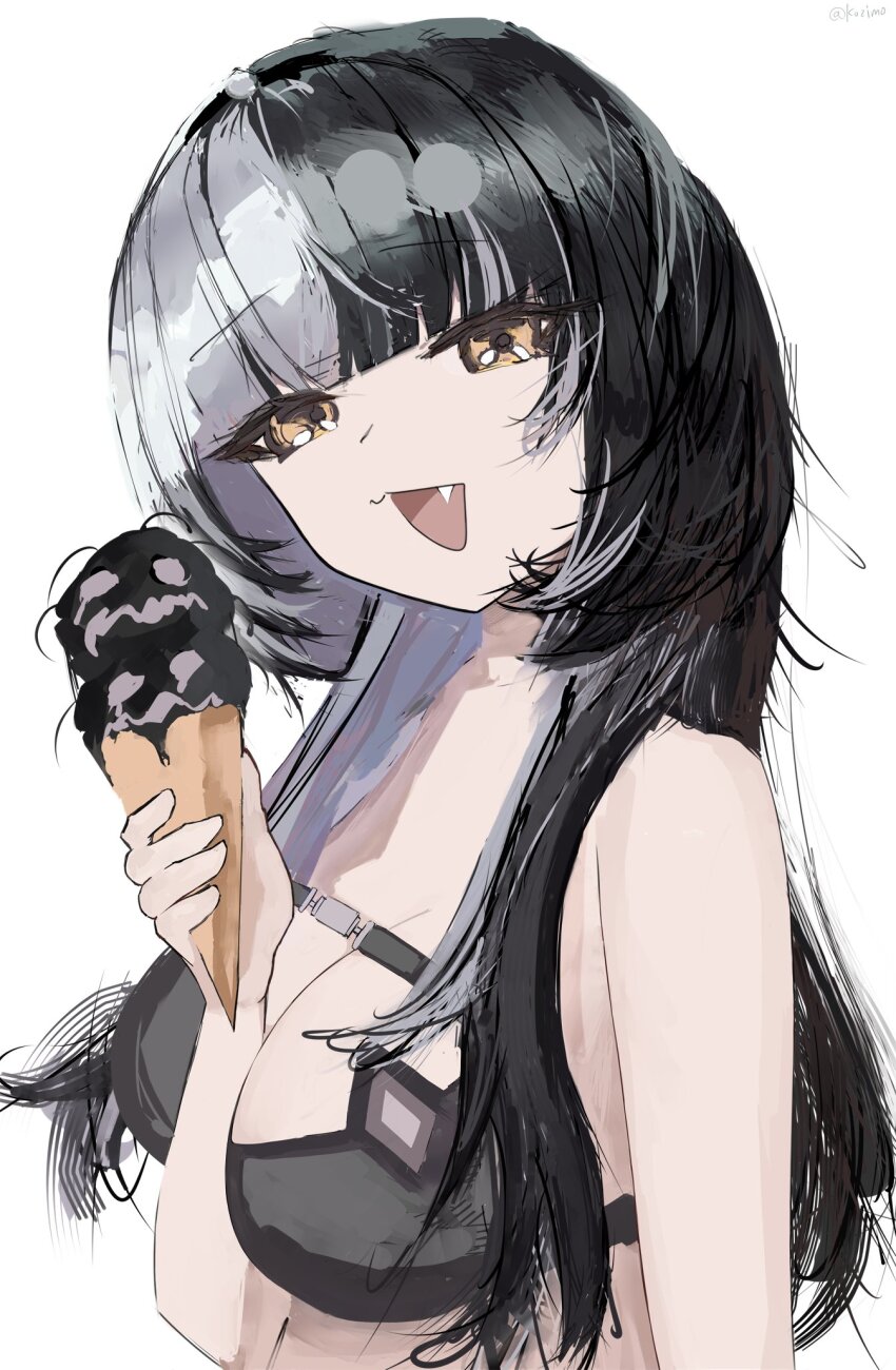 1girl adapted_costume arm_between_breasts between_breasts bikini black_bikini black_hair breasts commentary fang food grey_hair highres holding holding_food holding_ice_cream hololive hololive_english ice_cream ice_cream_cone kozimo123456 large_breasts long_hair looking_at_viewer multicolored_hair shiori_novella shiori_novella_(1st_costume) simple_background solo split-color_hair swimsuit two-tone_hair virtual_youtuber white_background yellow_eyes yorick_(shiori_novella)
