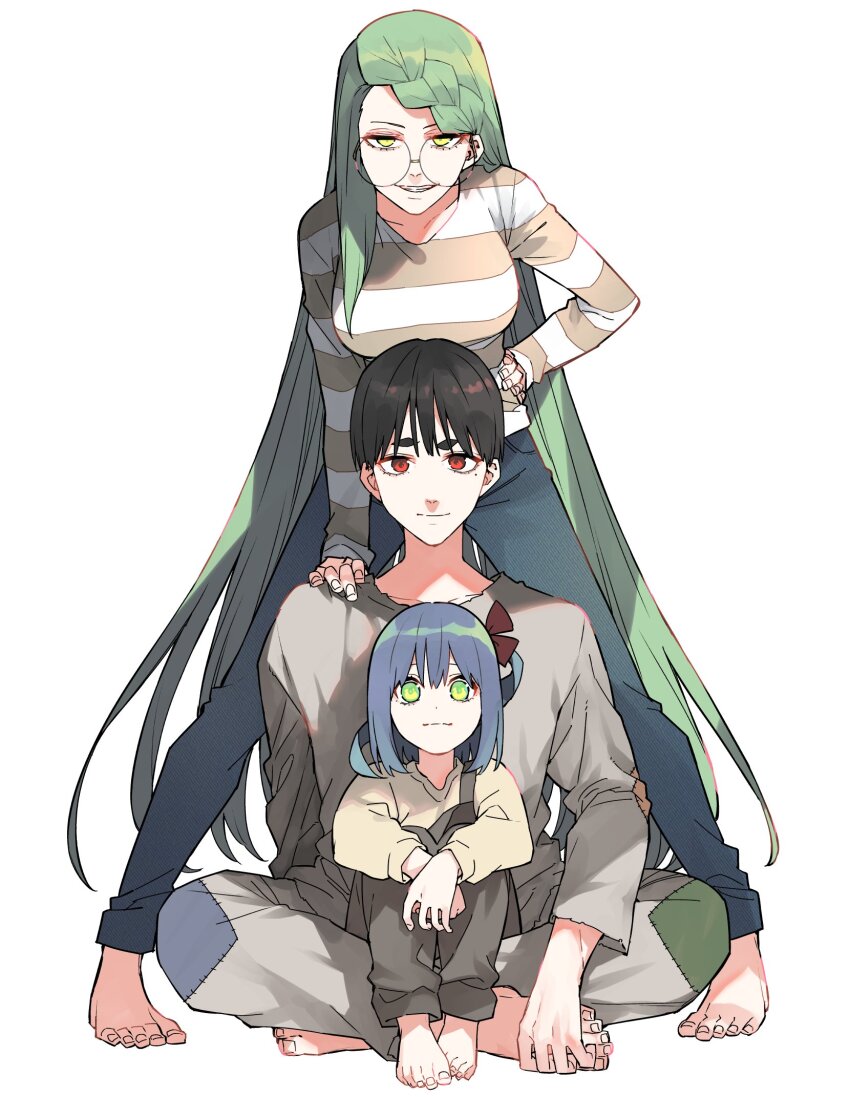 1boy 2girls akabane_sousei barefoot black_hair blue_hair blue_pants brown_pants child closed_mouth glasses green_eyes green_hair grey_shirt haruba_negi long_hair looking_at_viewer midorikawa_momiji midorikawa_sanae multiple_girls official_art open_mouth pants red_eyes sentai_daishikkaku shirt simple_background sitting smile striped_clothes striped_shirt sweater very_long_hair white_background white_shirt yellow_eyes yellow_sweater