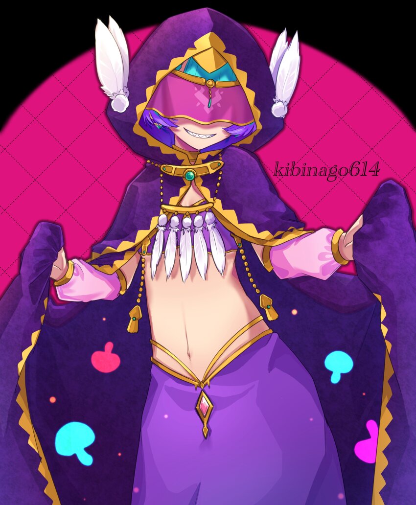 1girl absurdres artist_name blindfold cloak commentary_request covered_eyes detached_sleeves fate/grand_order fate_(series) feathers green_hair highres hood hood_up hooded_cloak kibinago_(kibinago614) locusta_(fate) locusta_(first_ascension)_(fate) midriff multicolored_hair mushroom navel pink_background pink_veil purple_cloak purple_hair purple_skirt sharp_teeth skirt smile solo teeth two-tone_hair veil veil_over_eyes white_feathers