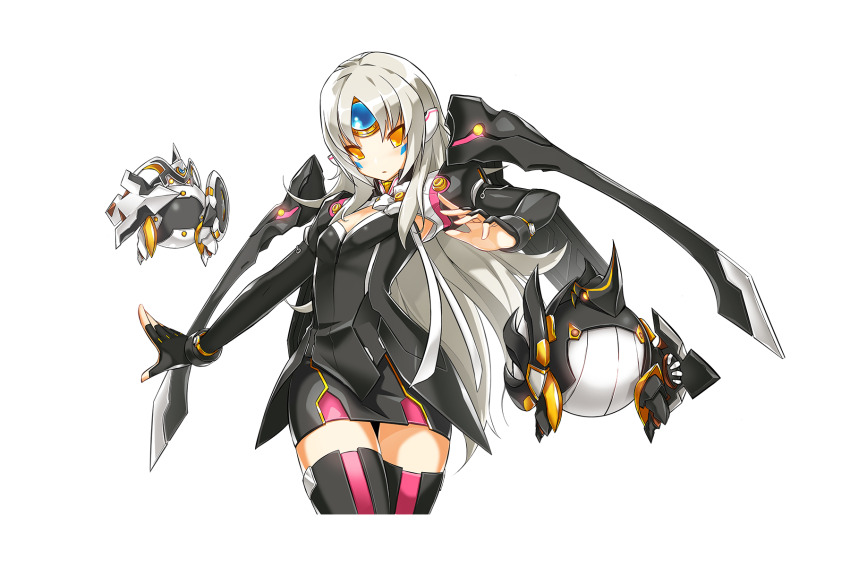 1girl black_dress black_gloves black_shrug black_thighhighs black_wings blue_gemstone closed_mouth code:_nemesis_(elsword) collared_shrug cropped_legs dress elsword eve_(elsword) expressionless fighting_stance fingerless_gloves forehead_jewel game_cg gem gloves grey_hair hairpods half_gloves high_collar highres juliet_sleeves light_frown long_hair long_sleeves marking_on_cheek mechanical_wings moby_(elsword) non-web_source official_art puffy_sleeves raven_cronwell remy_(elsword) ress robot second-party_source short_dress shrug_(clothing) sidelocks solo straight_hair strapless strapless_dress thighhighs transparent_background tsurime very_long_hair wings yellow_eyes zettai_ryouiki