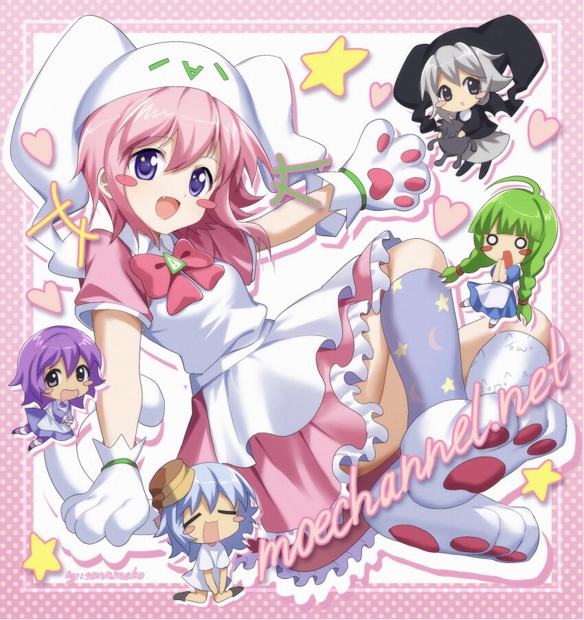2000s_(style) 5girls :d ahoge animal_hands apron artist_name asymmetrical_legwear bisuke-tan black_hat blue_hair blush_stickers border bow bowtie braid chibi commentary crescent crossover draw_this_in_your_style_challenge dress emoticon english_commentary english_text error_message fang food frilled_dress frills full_body futaba_channel gloves green_hair grey_eyes grey_hair hat heart highres holding kaomoji kfc kneehighs kuro_unyuu mayura me-tan mini_person minigirl mismatched_legwear moe-chan_(moechannel) moechannel multiple_girls netrunmon nijiura_maids open_mouth os-tan pancake paw_gloves paw_shoes pawpads personification pink_border pink_bow pink_bowtie pink_dress pink_hair polka_dot polka_dot_border purple_eyes purple_hair purple_socks sannmako short_hair sidelocks smile socks star_(symbol) star_print twin_braids ukagaka watermark web_address white_apron white_background white_footwear white_gloves white_hat white_socks yakui