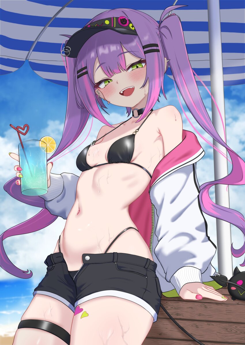 1girl :d absurdres bendy_straw breasts cup demon_tail drink drinking_glass drinking_straw ear_piercing food fruit green_eyes highres holding holding_cup holding_drink hololive leg_tattoo lemon lemon_slice looking_at_viewer nail_polish navel oldsickkim open_mouth parasol piercing purple_hair small_breasts smile sweat tail tail_ornament tail_piercing tattoo thigh_strap tokoyami_towa tropical_drink twintails umbrella virtual_youtuber visor_cap