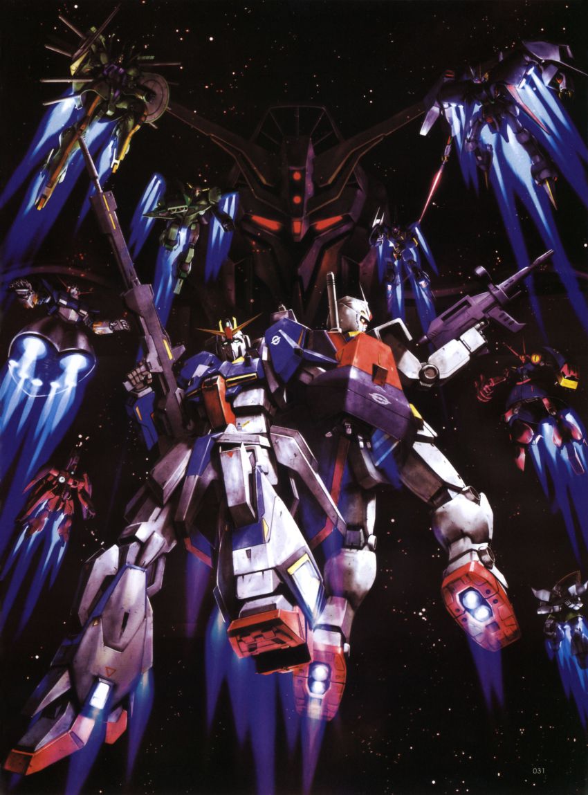 absurdres back-to-back barzam baund_doc beam_rifle bolinoak_sammahn byalant byarlant energy_gun epic gaza-c gelgoog glowing gun gundam highres mecha mecha_focus mobile_suit_gundam morishita_naochika no_humans palace_athene psycho_gundam_mk_ii psyco_gundam_mk_ii robot rx-78-2_gundam shield space time_paradox weapon zeong zeta_gundam zeta_gundam_(mobile_suit)