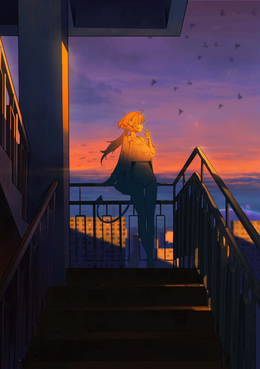 1girl absurdres against_railing animal_ears bird black_bird building cigarette commentary_request crop_top crop_top_overhang dolphin_shorts full_body highres holding holding_lighter hollow_(zenless_zone_zero) jane_doe_(zenless_zone_zero) lighter lighting_cigarette long_hair long_tail looking_to_the_side midfinger mouse_ears mouse_girl mouse_tail outdoors purple_sky railing sharp_tail shirt shorts sky solo stairs tail unbuttoned white_shirt zenless_zone_zero