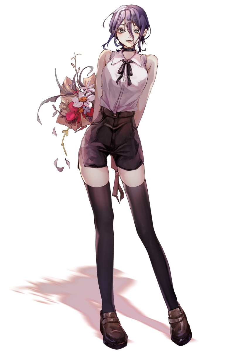 1girl absurdres black_choker black_ribbon black_shorts black_thighhighs bouquet chainsaw_man choker collared_shirt flower green_eyes hair_between_eyes highres holding holding_bouquet neck_ribbon purple_hair reze_(chainsaw_man) ribbon shadow shirt shirt_tucked_in shorts simple_background sleeveless sleeveless_shirt solo standing thighhighs white_background white_shirt yoshiko_0319