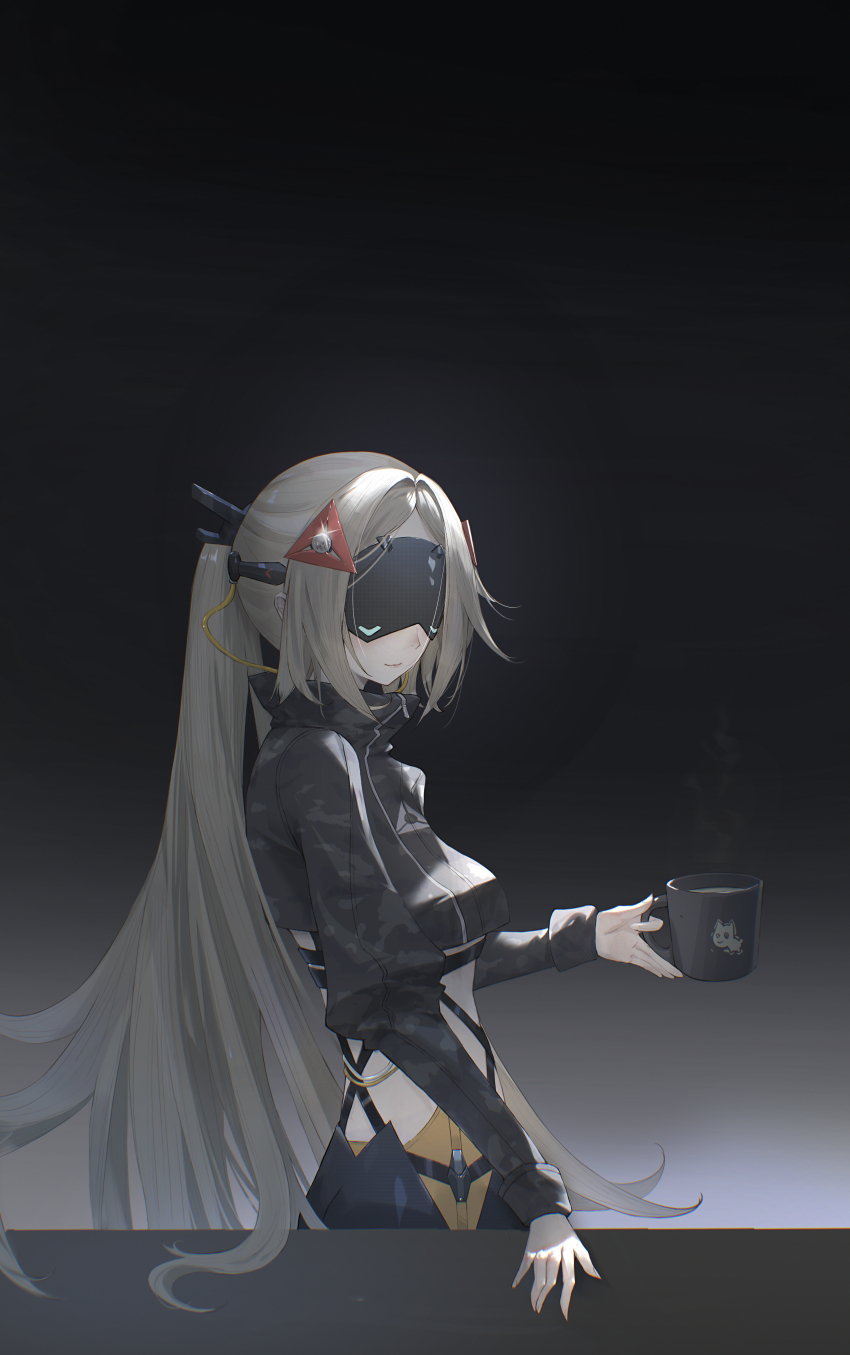1girl absurdres adapted_costume airhorn black_jacket blonde_hair breasts camouflage camouflage_jacket closed_mouth coffee_mug commentary cup dark_background english_commentary eye_mask from_side highres holding holding_cup jacket large_breasts littee long_hair mug smile solo trigger_(zenless_zone_zero) very_long_hair zenless_zone_zero