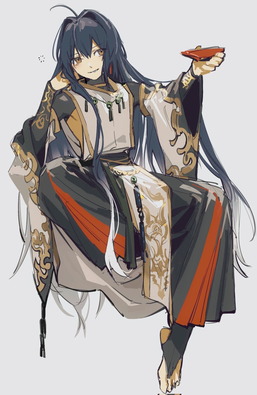 1other ahoge androgynous black_hair black_hakama corrupted_twitter_file cup fate/grand_order fate/samurai_remnant fate_(series) gradient_hair grey_background hakama highres holding holding_cup japanese_clothes jewelry long_hair multicolored_hair multicolored_pants necklace pants red_hakama sakazuki simple_background solo tipsy toeless_legwear white_hair yamato_takeru_(fate) yamato_takeru_(third_ascension)_(fate) yanfenguo_gao yellow_eyes
