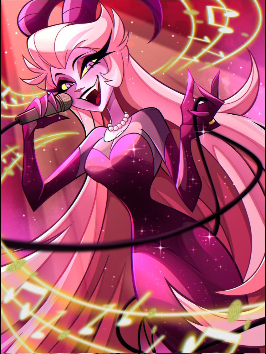 1girl blonde_hair breasts chandllucky cleavage colored_sclera commentary corrupted_twitter_file cowboy_shot demon_horns dress elbow_gloves english_commentary fangs gloves hazbin_hotel hellaverse highres holding holding_microphone horns jewelry lilith_(hazbin_hotel) long_hair microphone musical_note necklace pearl_necklace purple_eyes ring sleeveless sleeveless_dress solo yellow_sclera